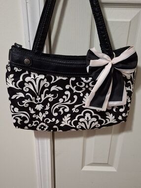 thirty-one Black and White Damask Shoulder Bag with Bow Accent
